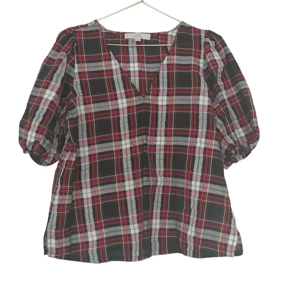 LOFT Black and Red Checkered plaid Puff Sleeve Blouse size small